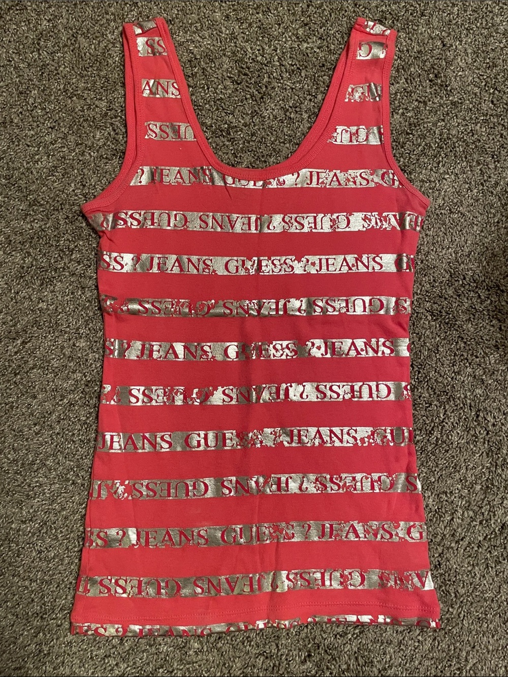 GUESS Pink Tank Top with Metallic Silver Logo Stripes